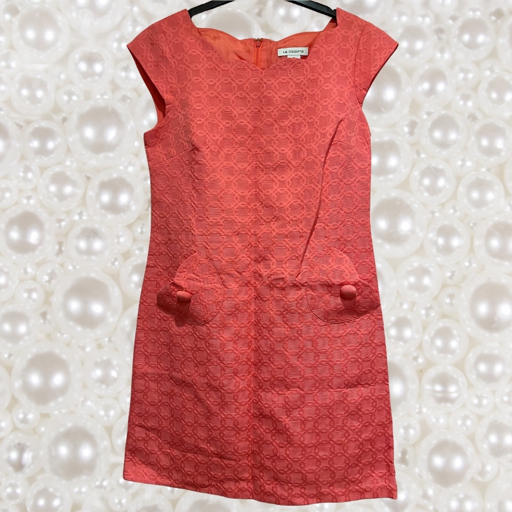 Liz Claiborne Dress 6 Coral Geo Tunic Scoop Neck Cap Sleeve w/ Pockets